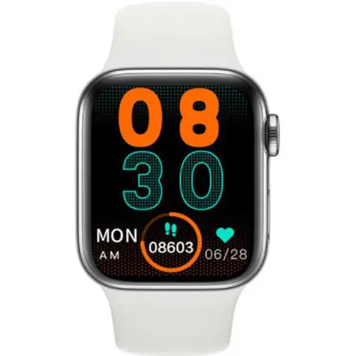 Watch 8 Plus white smartwatch with a silver metal case and a white silicone band, displaying a colorful date and time.