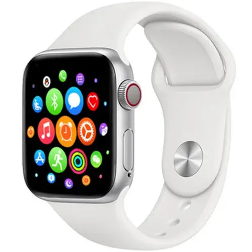 Watch 8 Plus white smartwatch with a silver metal case and a white silicone band, displaying a colorful app grid on its screen.