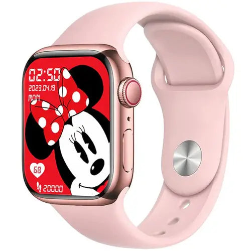 Watch 9 Max pink smartwatch with a silicone band and a display featuring an animated character.