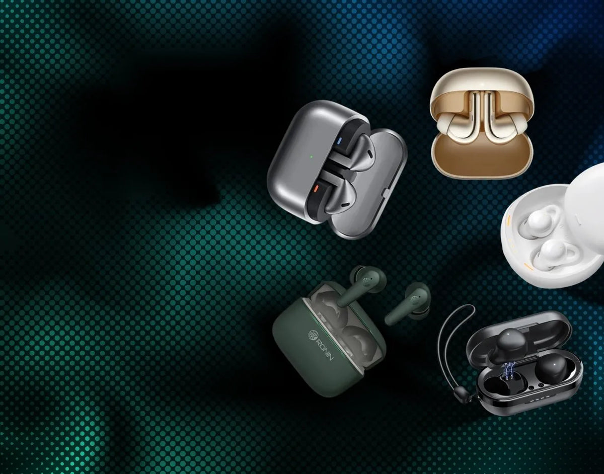 Various wireless earbuds and charging cases on a dark textured background