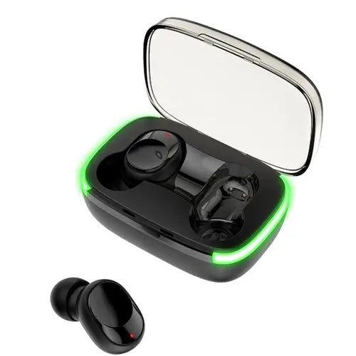Wireless earbuds in black color with a green and black charging case Wireless Earbuds Y60