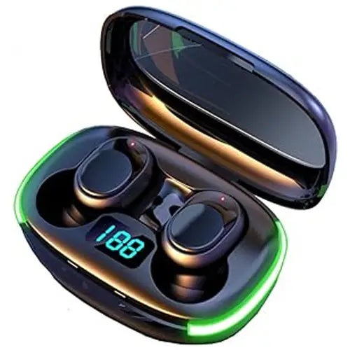 A pair of wireless earbuds in black color, with a digital display showing the battery level, inside a charging case.