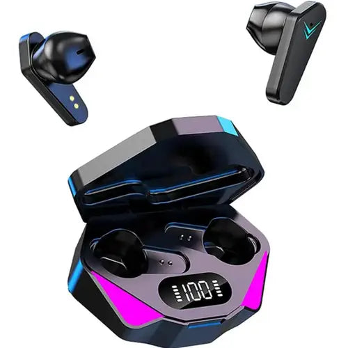 A pair of wireless earbuds with a charging case, the earbuds are black with blue and pink accents on the case.