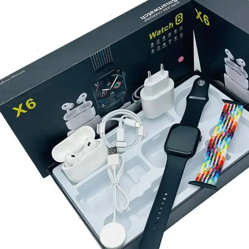 Open box containing electronic accessories including a X6 Pro watch and earbuds.