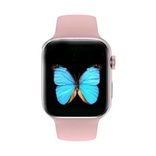 X8 Max Bluetooth Calling smart watch with a pink band and a blue butterfly displayed on the screen.