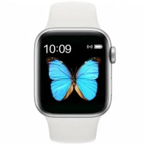 X8 Max Bluetooth Calling smart watch with a white band and a blue butterfly displayed on the screen.