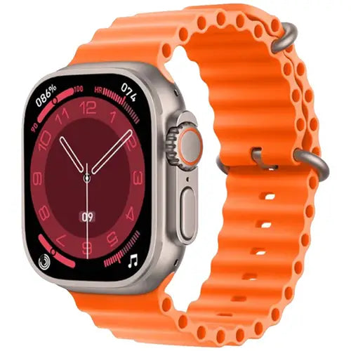 X8 Plus Ultra a digital smartwatch with a orange silicone band and a silver metal case. The watch face displays various smart watch app icons in a colorful circular layout.