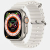 X8 Plus Ultra a digital smartwatch with a white silicone band and a silver metal case. The watch face displays various smart watch app icons in a colorful circular layout.