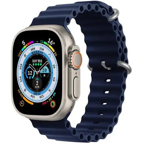 X8 Ultra Bluetooth A silver smartwatch with a black silicone band and a white case. The watch face displays various smart watch features.