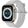 X8 Ultra Bluetooth A silver smartwatch with a black silicone band and a white case. The watch face displays various smart watch features.