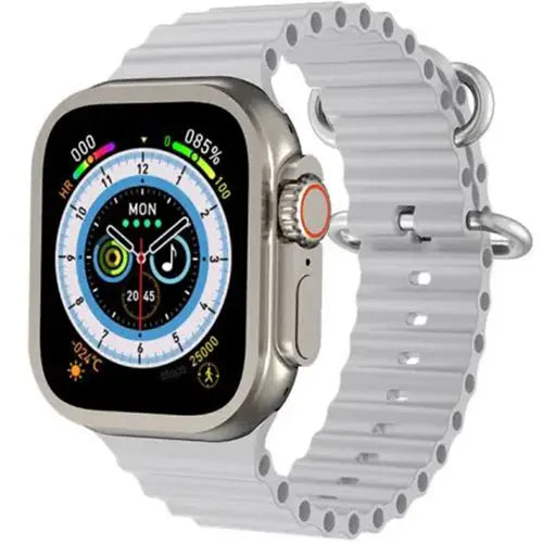 X8 Ultra Bluetooth A silver smartwatch with a black silicone band and a white case. The watch face displays various smart watch features.