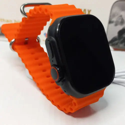 X8 Ultra Max orange smartwatch with a silicone band and a digital display.