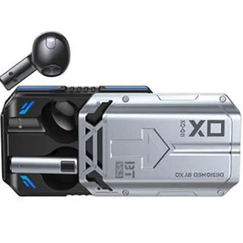 A pair of black and silver XO G11 Sword Rain TWS Bluetooth earbuds with a charging case, featuring a modern design with blue accents.