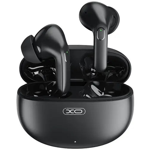 A pair of black XO G17 ANC+ENC Noise Canceling Wireless Earbuds in their charging case.