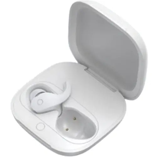 A pair of white XO X15 Soundwave Sports TWS Bluetooth Earbuds in an open charging case.