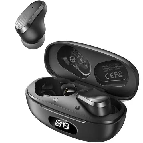 A pair of black XO X19 Ark TWS Bluetooth earbuds with a digital display charging case.