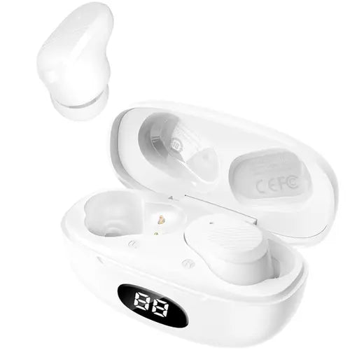 A pair of white XO X19 Ark TWS Bluetooth earbuds with a digital display charging case.