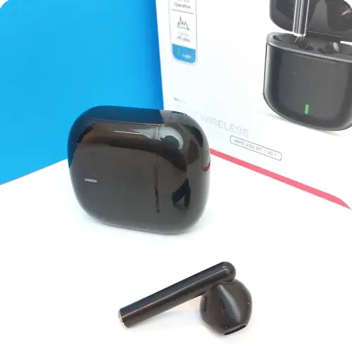 A pair of black XO X20 Square Ring TWS Bluetooth Earbuds with a single earbud placed outside of the charging case, which is black in color as well. The earbuds and case are on a white surface with a blue and white packaging visible in the background.