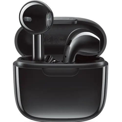 A pair of black XO X23 TWS Bluetooth earbuds in their charging case.