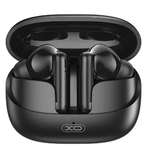 A pair of black XO X34 Starry Sky Flip TWS Bluetooth Earbuds in their charging case.