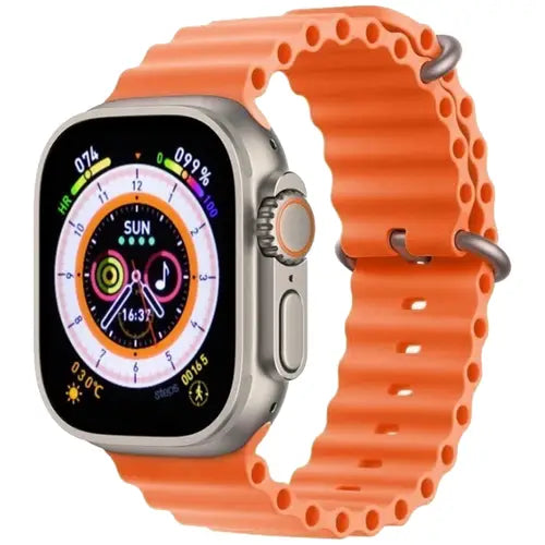 xs8 pro ultra digital smart watch with a black band and silver case, displaying a colorful digital screen.