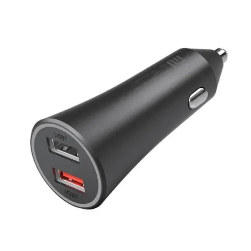 Black Xiaomi Dual Port Car Charger with two USB ports on a white background