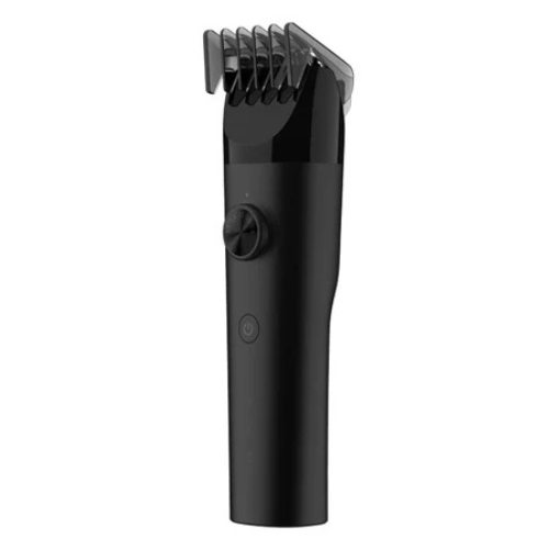 A black Xiaomi hair clipper with a visible power button and multiple adjustable length settings.