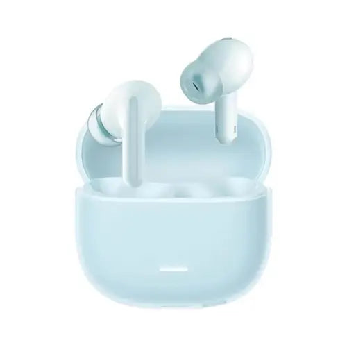 A pair of white Redmi buds 6 Lite earphones charging in a blue case.