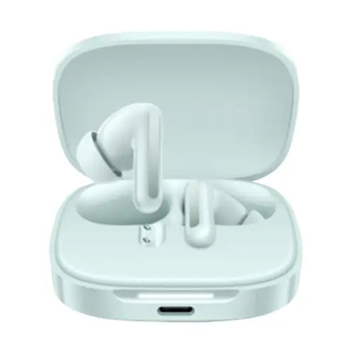 White wireless earbuds in a charging case on a white background of xiaomi redmi buds 6