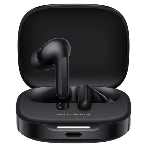 Black wireless earbuds in a charging case on a white background of xiaomi redmi buds 6