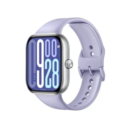 A Redmi Watch 5 with a purple band and a digital display showing time and heart rate metrics.