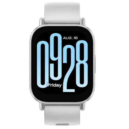 A Redmi Watch 5 with a white band and a digital display showing time.