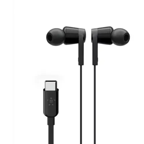 Black in-ear headphones with USB-C connector on a white background of Xiaomi type c earphones
