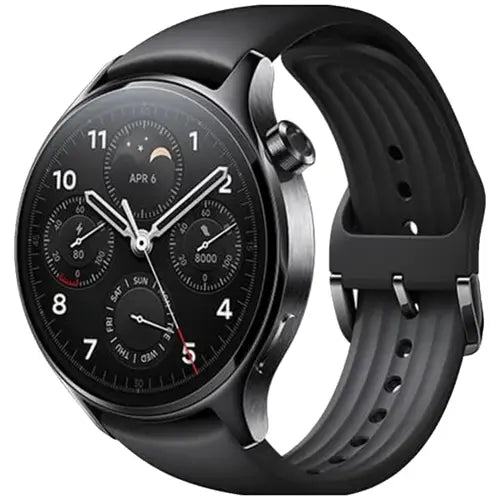 Redmi Watch S1 Pro A smart watch with a black leather band and a black metal case.