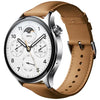 Redmi Watch S1 Pro A smart watch with a brown leather band and a silver metal case, displaying a white watch face with dials and a moon phase indicator.