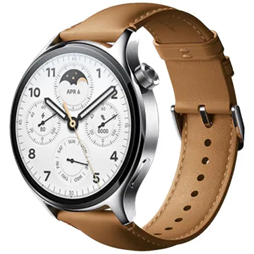 Redmi Watch S1 Pro A smart watch with a brown leather band and a silver metal case, displaying a white watch face with dials and a moon phase indicator.
