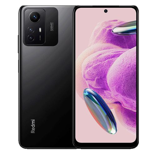  Redmi Note 12S smartphone showing the front screen display and the back camera setup.