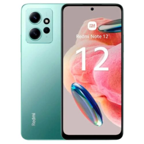 A Redmi Note 12 smartphone in green color with a clear display showing the screen and camera module.