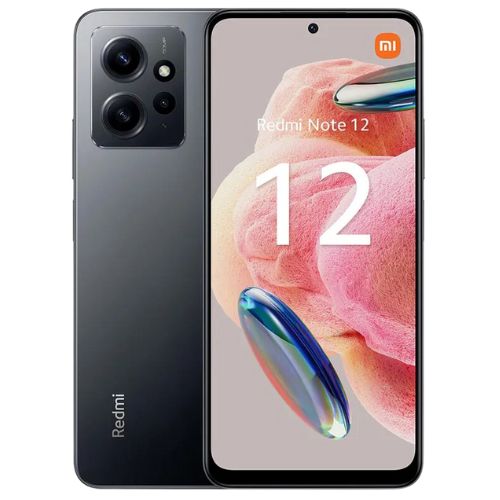 A Redmi Note 12 smartphone in black with a clear display showing the screen and camera module.