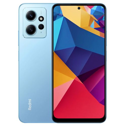 A Redmi Note 12 smartphone with a clear display showing the screen and camera module.