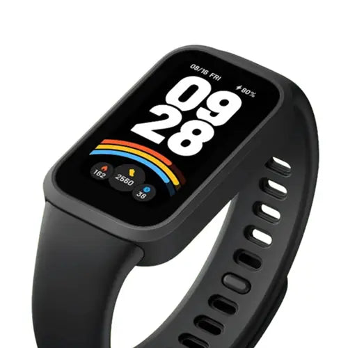 Xiaomi Smart Band 9 Active black smartwatch with a colorful display on a white background