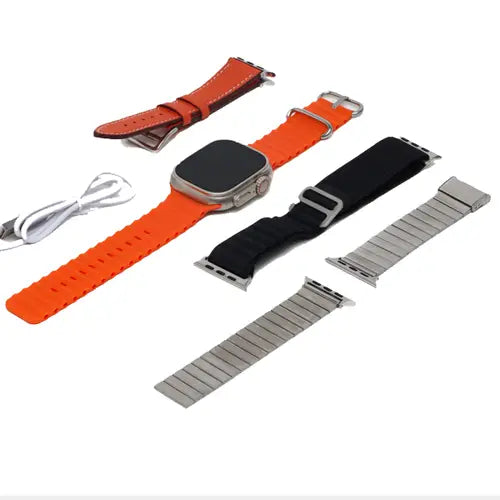 Y10 Smart Watch with four different straps in orange, black, silver, and white colors, displayed with a charging cable.
