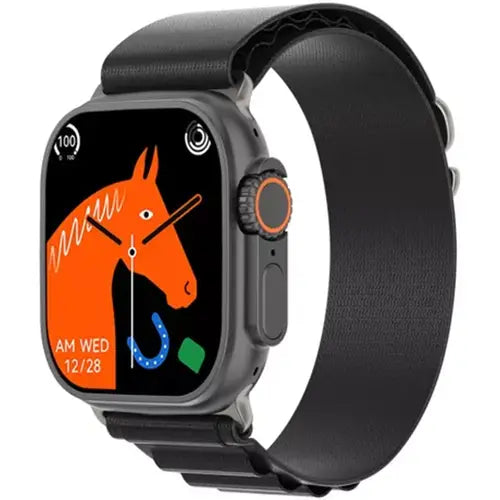 Y10 Ultra digital smart watch with a black band and case, featuring a colorful display showing an animated horse and the time.