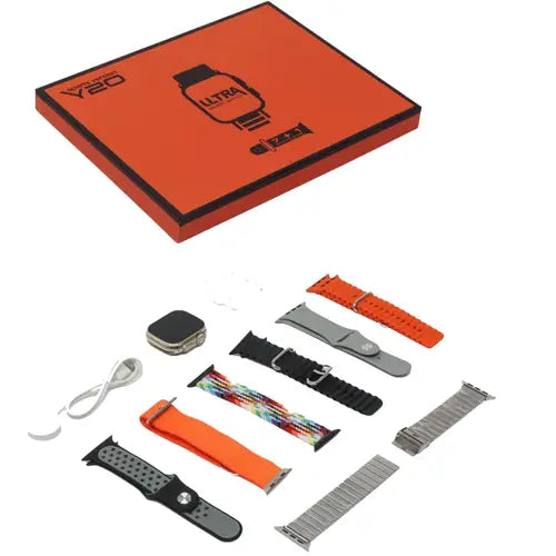 An image showing a smartwatch and its various straps in different colors, displayed alongside a charging cable and a box with the watch brand visible.