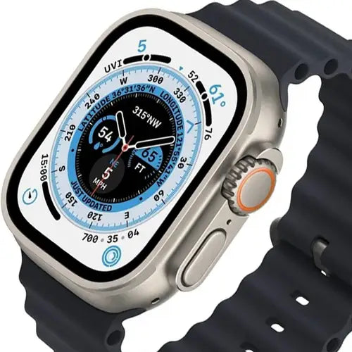 Y8 Ultra a digital smart watch with a black band and silver case, displaying a compass interface on its screen.