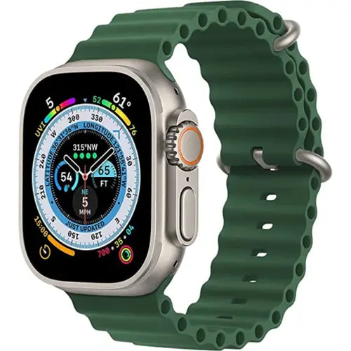 Y8 Ultra a digital smart watch with a green band and silver case, displaying a compass interface on its screen.