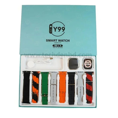 A collection of smart watches with various colored straps displayed in an open box, with the brand Y99 visible on the packaging.