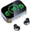 A pair of wireless earphones with a charging case, the case has a digital display showing battery life with green indicator lights. YD04 TWS Bluetooth Earphones