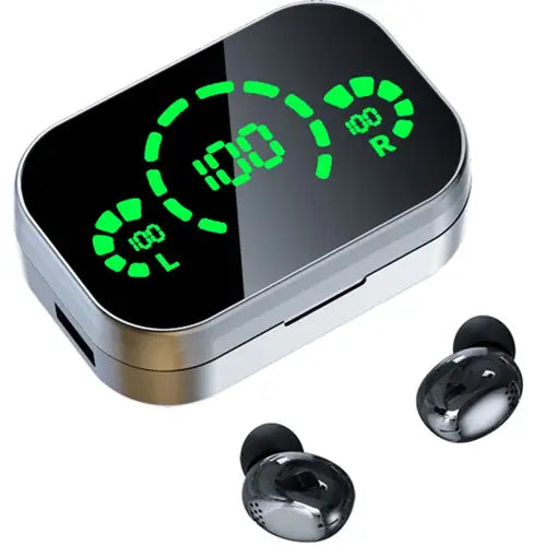 A pair of wireless earphones with a charging case, the case has a digital display showing battery life with green indicator lights. YD04 TWS Bluetooth Earphones