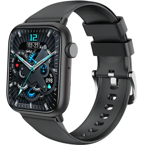 A Deep black analog smartwatch with a silicone band and a digital display showing time and various smart watch notifications with Yolo Bluetooth Calling Watch Pro Max
